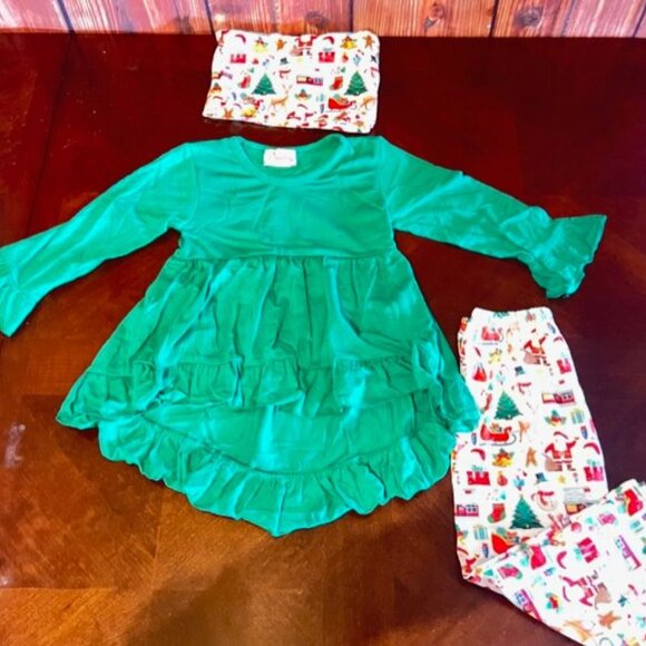 Christmas Toddler Girls Outfit Set Green Ruffle Dress & Printed Pants Kids - Picture 8 of 9